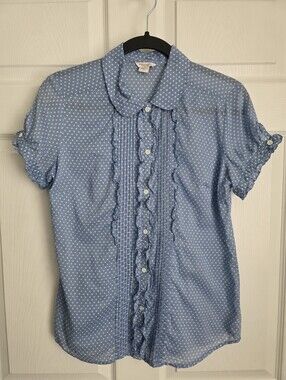 American Eagle Polka Dot Ruffle Blouse Blue White Size 8 Cotton Y2K Style